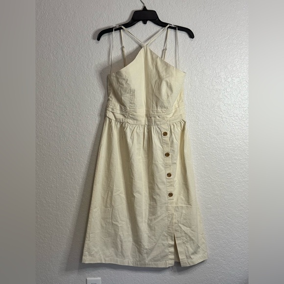 Banana Republic Dress Women 6 Ivory Midi Halter Button Front Ruched Yacht Beach - Picture 1 of 11